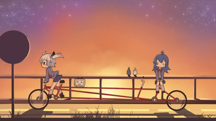 Two Anime Girls on a Tandem Bike at Dusk
