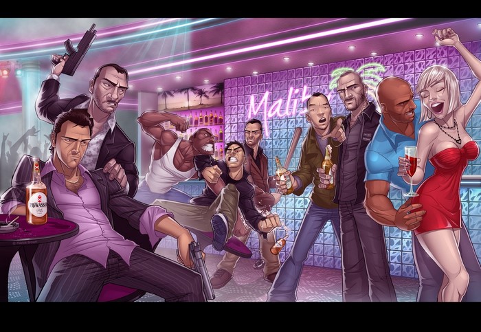 Grand Theft Auto characters in a nightclub