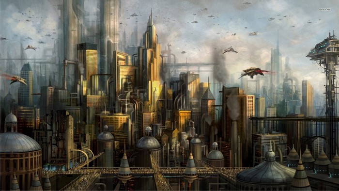 Fantasy cityscape with flying vehicles and skyscrapers