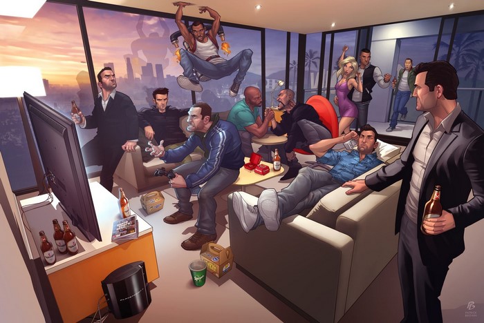 Grand Theft Auto characters party in a modern apartment