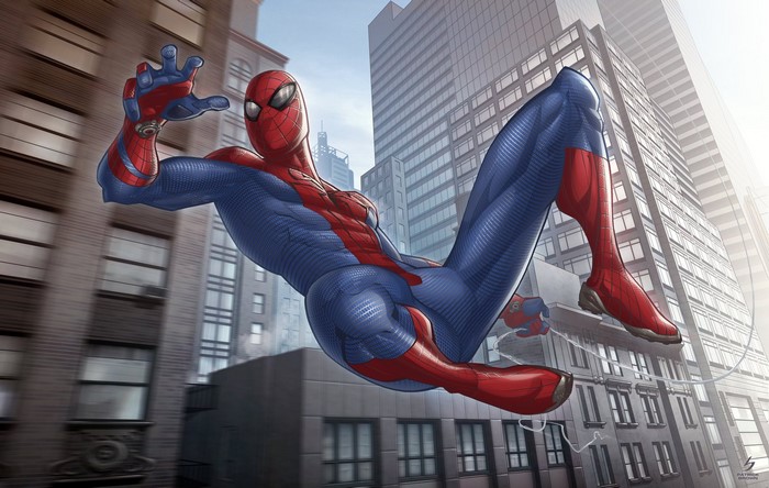 Spider-Man swinging through a city