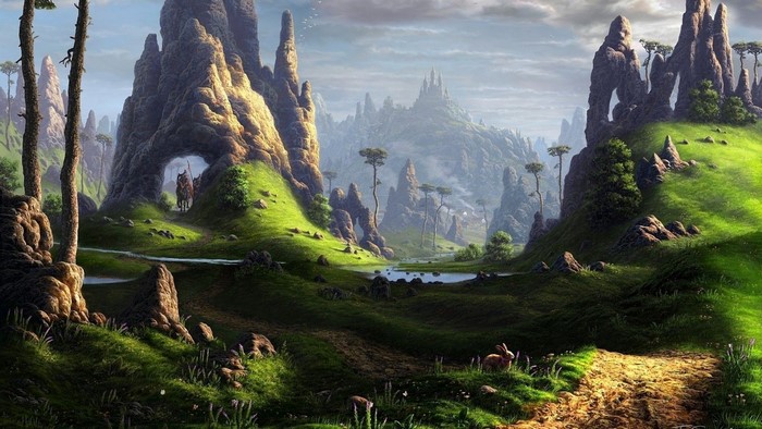 Fantasy landscape with rocky mountains and a castle