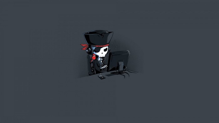 Skeleton pirate hacker at computer