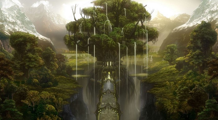Fantasy forest with a giant tree and waterfalls