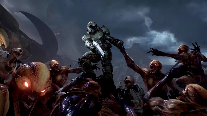 Doom Slayer fighting demons in Doom