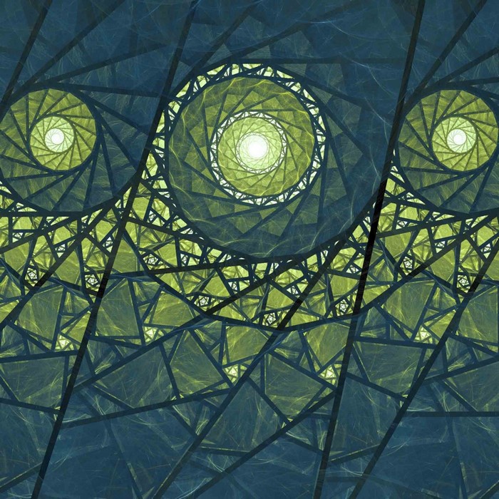 Abstract geometric spiral pattern with green and blue tones