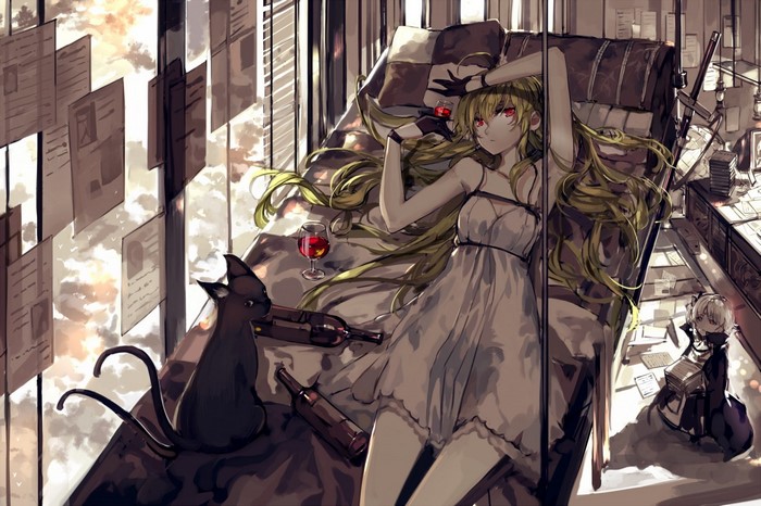 Anime girl with blonde hair and red eyes lying down with a cat