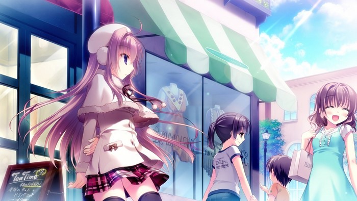 Anime girls shopping in front of a store