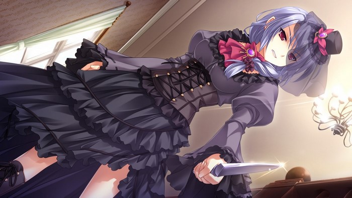 Anime girl in gothic dress holding a knife