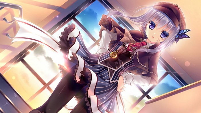 Anime girl with purple hair and blue eyes