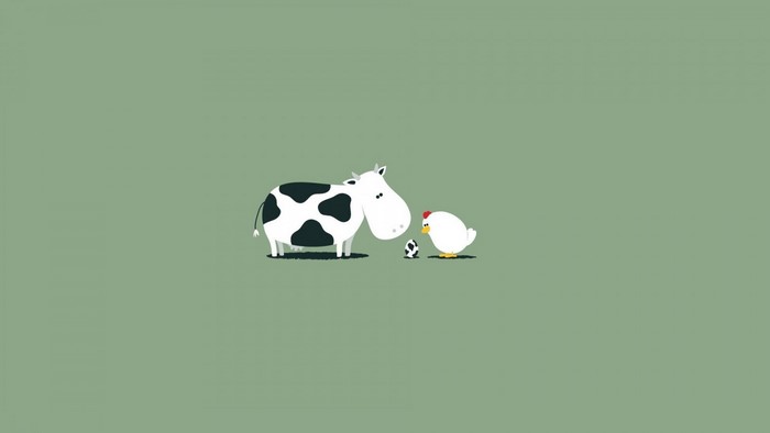 Cow and chicken with an egg on a green background