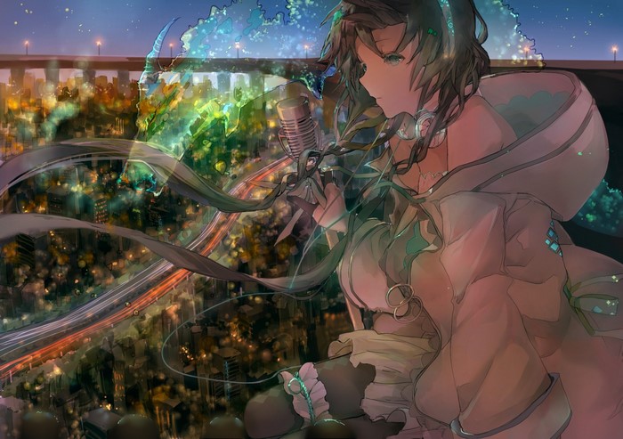 Anime girl with headphones singing into a microphone over a city at night