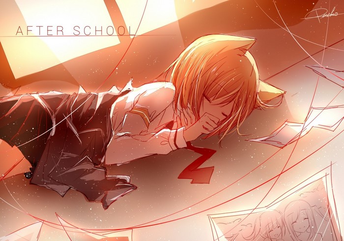 Anime girl with animal ears sleeping after school