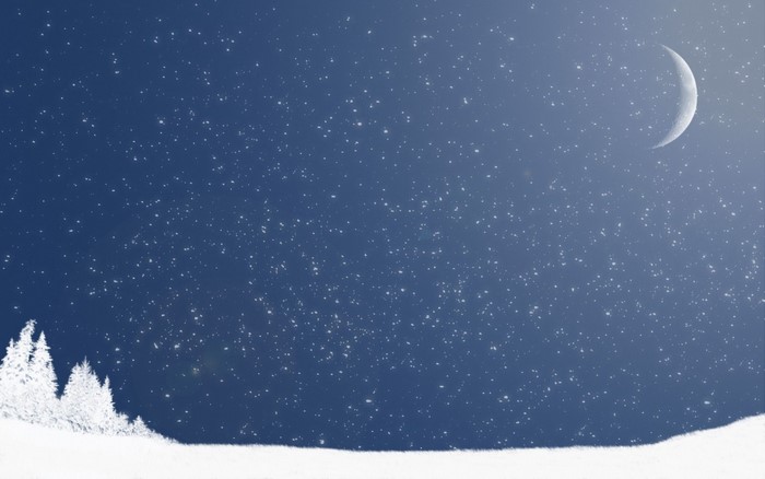 Winter night sky with crescent moon and snow-covered trees