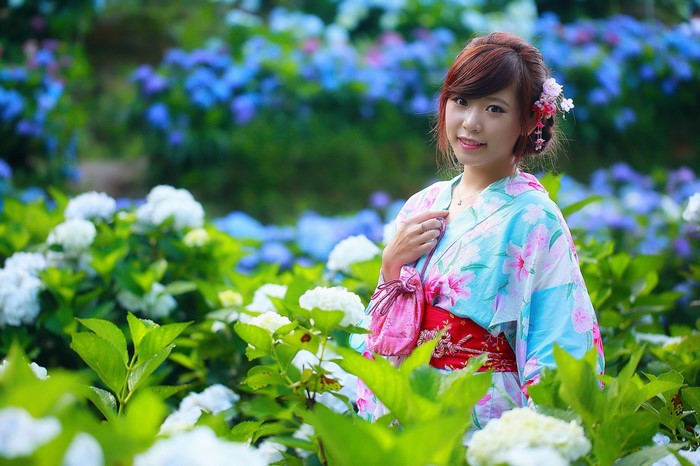 Woman in a kimono surrounded by hydrangeas