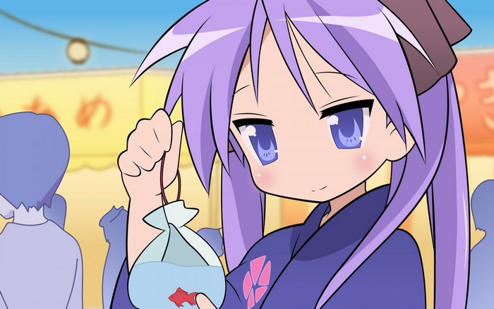 Kagami Hiiragi from Lucky Star with a goldfish bag