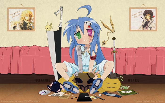 Konata Izumi with weapons and anime characters