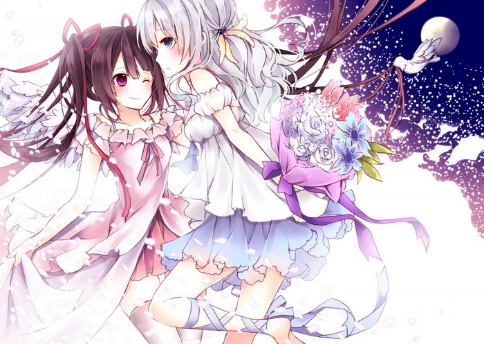 Two anime girls with flowers and a dove