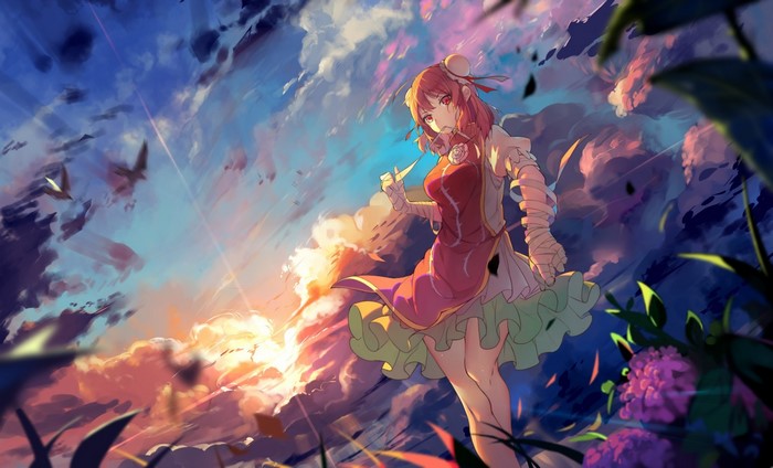 Ibaraki Kasen from Touhou Project in a sunset sky