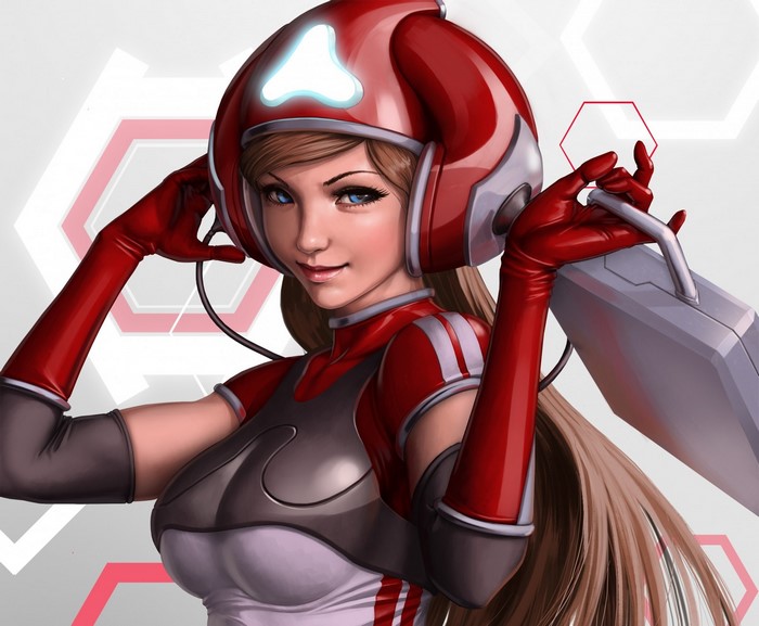 Anime girl in red helmet and gloves holding a case