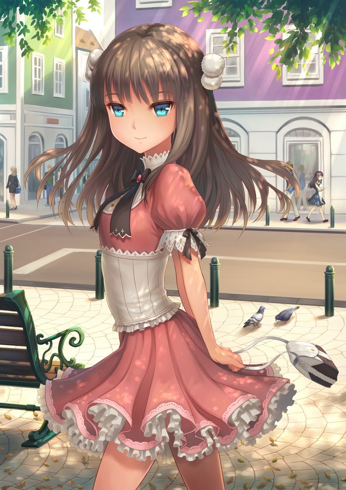 Anime girl in pink dress walking in a city street