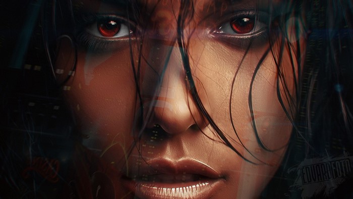 Digital art portrait of a woman with red eyes
