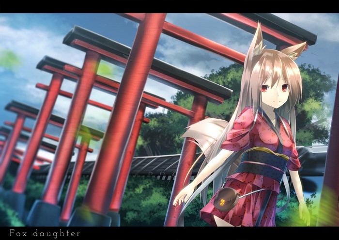 Anime girl with fox ears in a kimono at a shrine