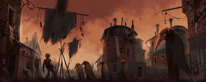 Pathologic screenshot of plague doctors in a desolate town