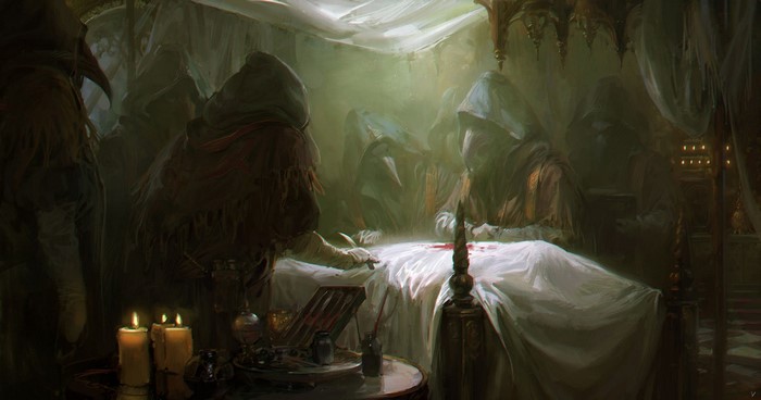 Plague doctors performing a procedure in a dimly lit room