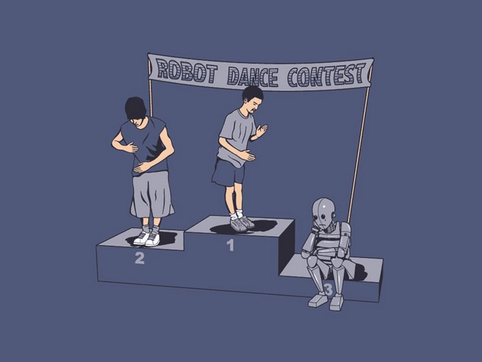Robot dance contest winners and a sad robot