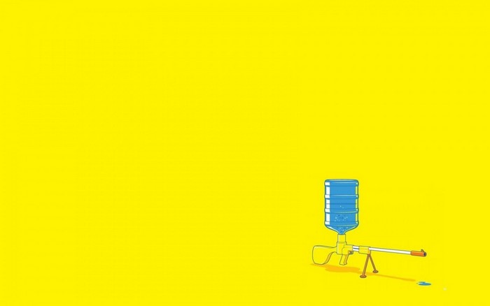 Water cooler bottle as a weapon on yellow background
