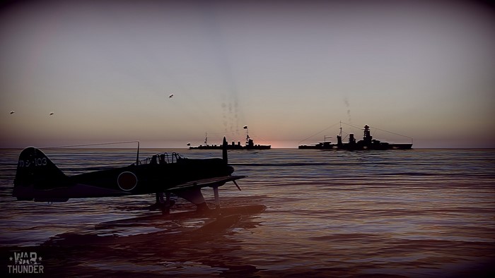 War Thunder: Japanese Seaplane and Battleships at Sunset