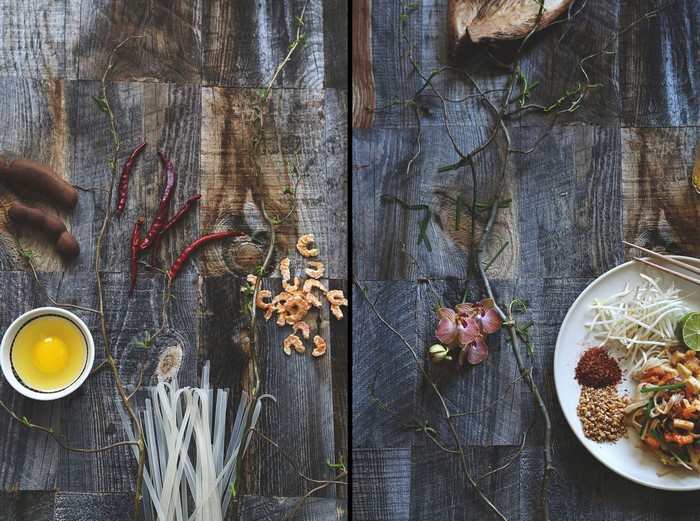 Pad Thai ingredients and finished dish on wooden background