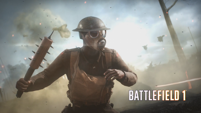 Soldier with gas mask and mace in Battlefield 1
