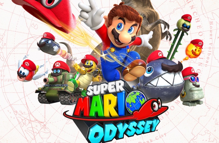 Super Mario Odyssey poster with Mario and friends