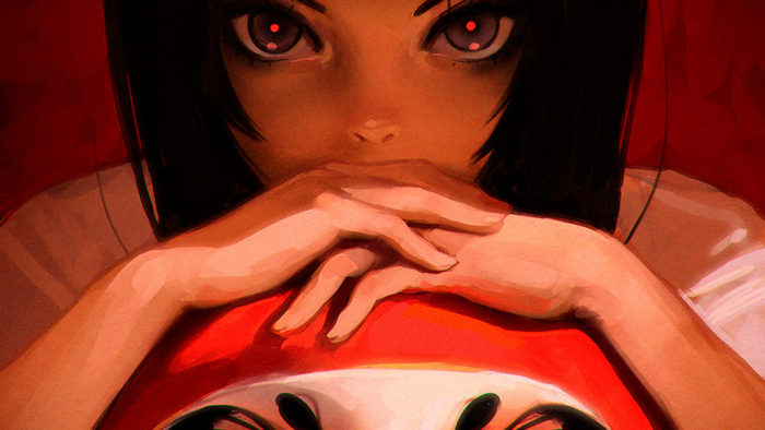 Girl with red eyes holding a Daruma doll