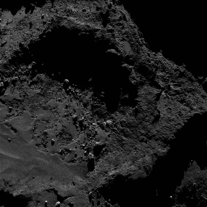 Close-up of a rocky, dark surface from Rosetta mission