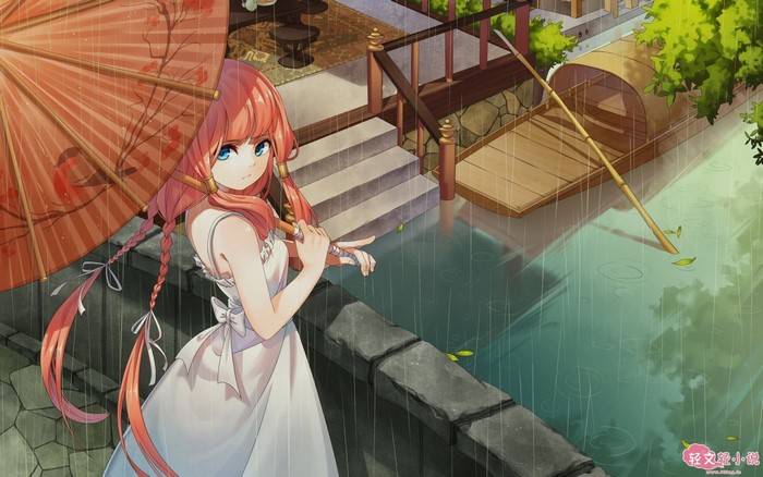 Anime girl with pink hair holding an umbrella in the rain