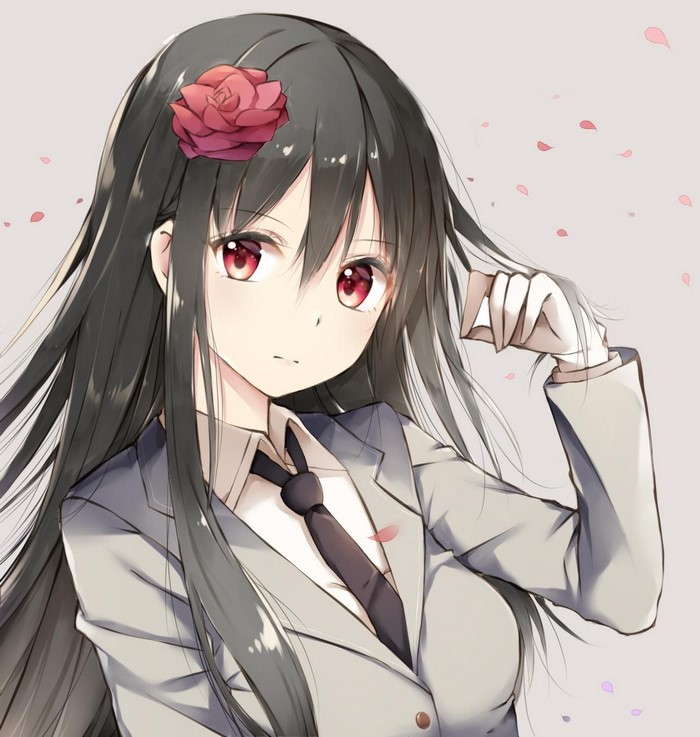 Anime girl with black hair and red eyes in a suit