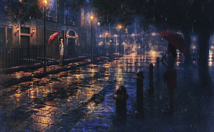 rain, anime girls, sunlight, umbrella, cityscape, trees, artwork, HD ...