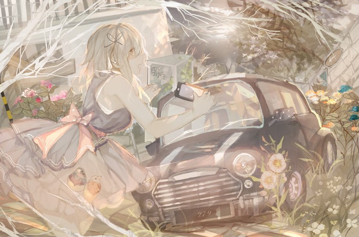 Anime girl with a car and flowers