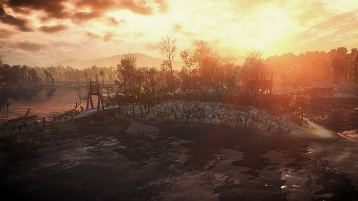 The Witcher 3: Wild Hunt - Sunset over a village by the river
