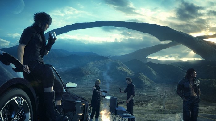 Final Fantasy XV characters camping in a mountainous landscape