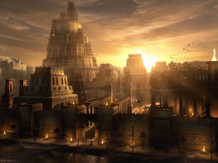 Ancient city with a large tower under construction at sunset