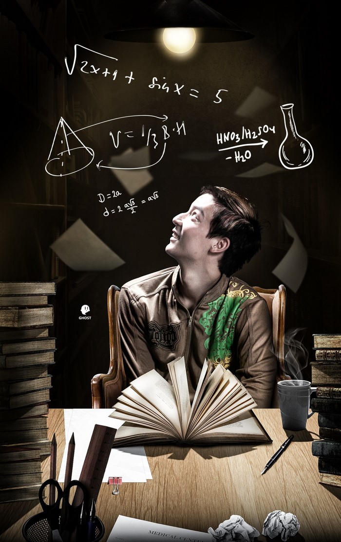 Man studying with math and science equations