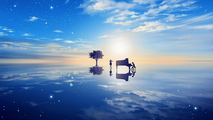 Anime scene with piano and violin by the sea at sunset
