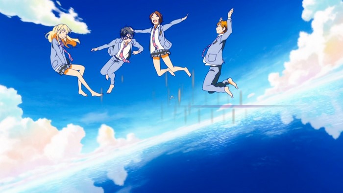 Four friends jumping in the sky from Shigatsu wa Kimi no Uso