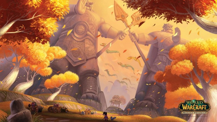 World of Warcraft Mists of Pandaria landscape with statues and dragons