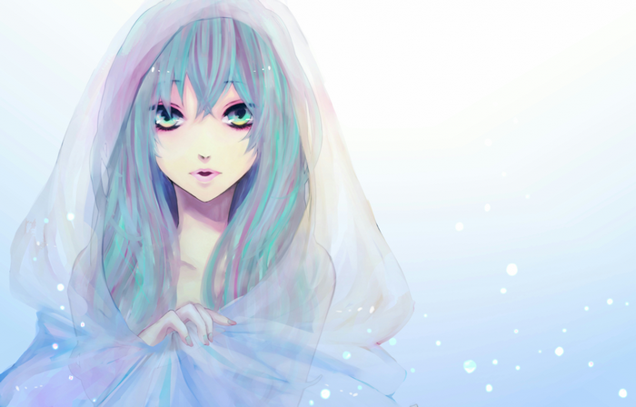 Anime girl with blue and pink hair wearing a white veil
