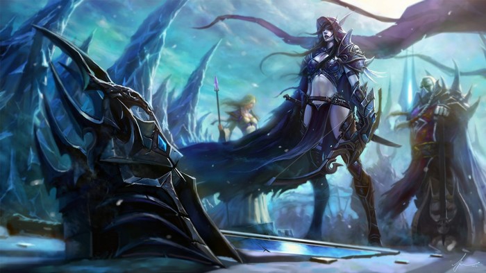 Sylvanas Windrunner and companions in a frozen landscape